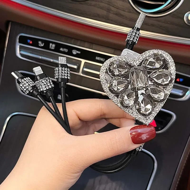 Bling Diamond Goddess Love Car Charger USB Multi Charging Cable Auto Fast Charging with 1 in 3 Type C/Micro/Port Sync Data Line