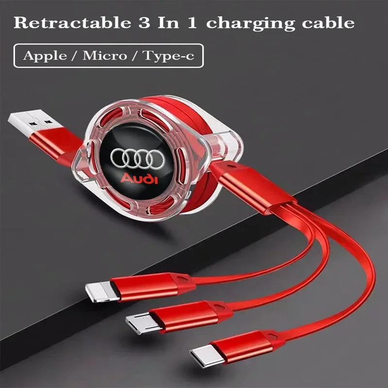 For Audi Sline A1 A3 A4 A5 A6 A7 A8 Q2 Q3 Q5 Q7 Q8 TT S1 S3 RS5 RS6 Car Interior 3 In 1 Fast Charger USB Data Cable Accessory