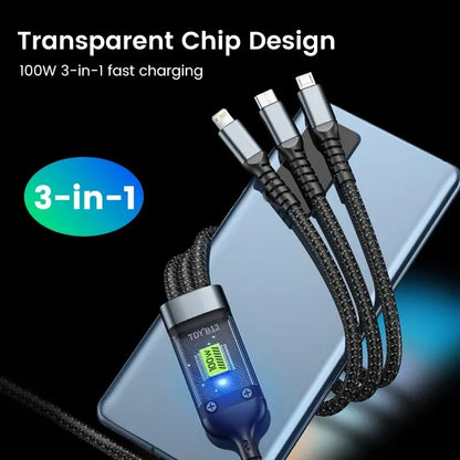 GTWIN 100W 3 In 1 USB Cable 6A Fast Charging Cable for iPhone Samsung LED Transparent Micro USB Type C Quick Charger Data Cable