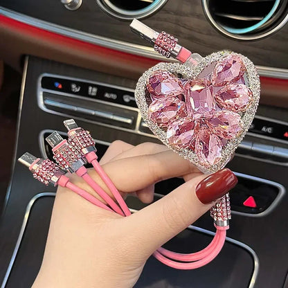 Bling Diamond Goddess Love Car Charger USB Multi Charging Cable Auto Fast Charging with 1 in 3 Type C/Micro/Port Sync Data Line