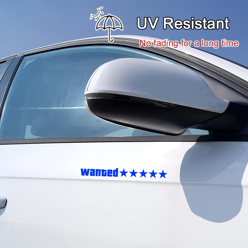 2pcs Car Stickers Waterproof Wanted Five Star Wanted Decal Reflective Sticker Auto Door Window Bumper Decoration Accessories