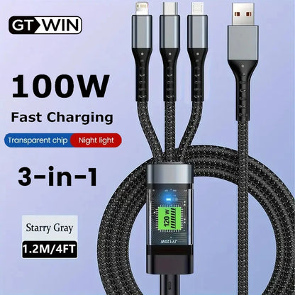 GTWIN 100W 3 In 1 USB Cable 6A Fast Charging Cable for iPhone Samsung LED Transparent Micro USB Type C Quick Charger Data Cable