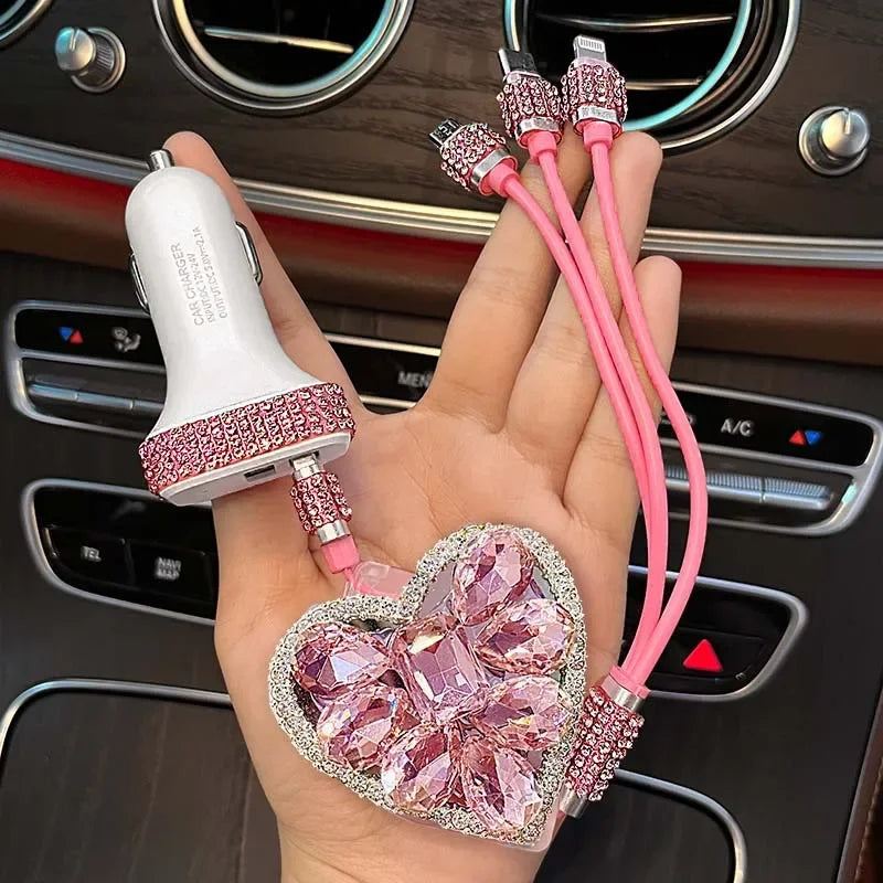 Bling Diamond Goddess Love Car Charger USB Multi Charging Cable Auto Fast Charging with 1 in 3 Type C/Micro/Port Sync Data Line