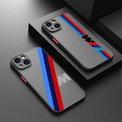 Red Blue Bars M Logo Phone Case for iPhone 16 Pro 11 12 Mini 13 14 Pro 15 Pro Max 7 8 Plus XR XS MAX Black Soft Edge Cover