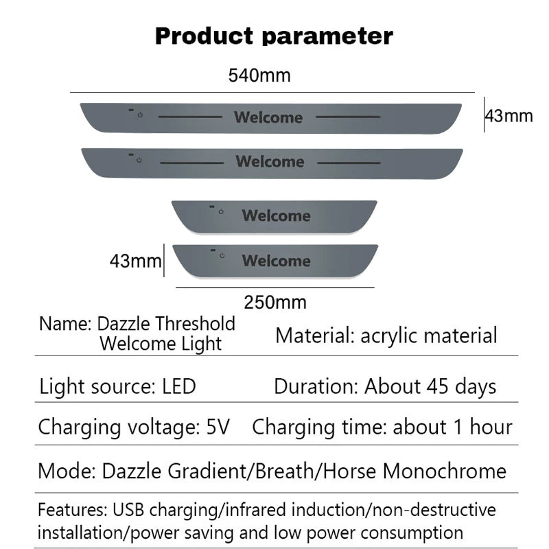 Car Welcome Door Sill Light Threshold Lamp Welcome Plate Pedal Light with Wireless LED Light Adjustable color changing mode