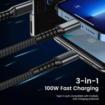 GTWIN 100W 3 In 1 USB Cable 6A Fast Charging Cable for iPhone Samsung LED Transparent Micro USB Type C Quick Charger Data Cable