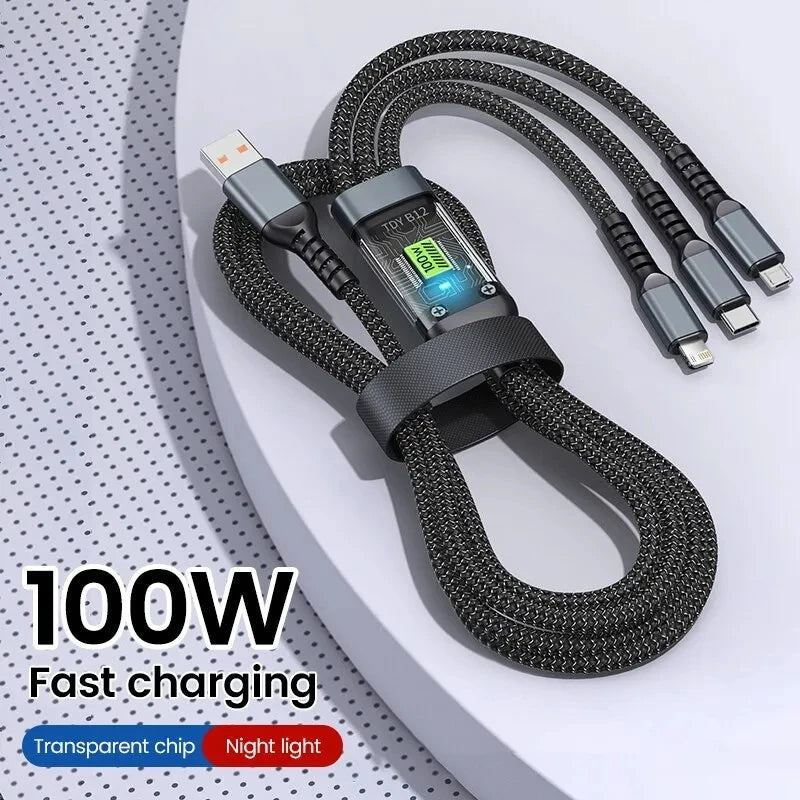 GTWIN 100W 3 In 1 USB Cable 6A Fast Charging Cable for iPhone Samsung LED Transparent Micro USB Type C Quick Charger Data Cable