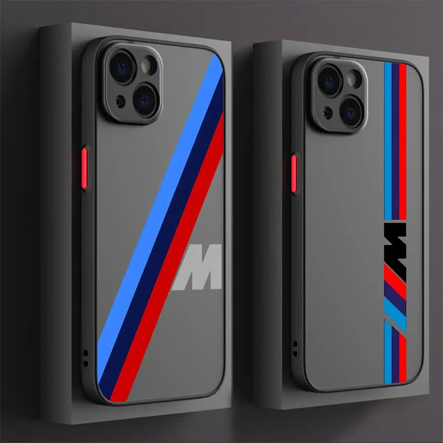 Red Blue Bars M Logo Phone Case for iPhone 16 Pro 11 12 Mini 13 14 Pro 15 Pro Max 7 8 Plus XR XS MAX Black Soft Edge Cover