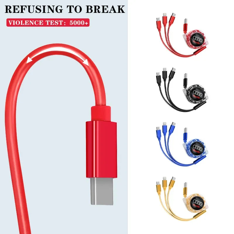 For Audi Sline A1 A3 A4 A5 A6 A7 A8 Q2 Q3 Q5 Q7 Q8 TT S1 S3 RS5 RS6 Car Interior 3 In 1 Fast Charger USB Data Cable Accessory