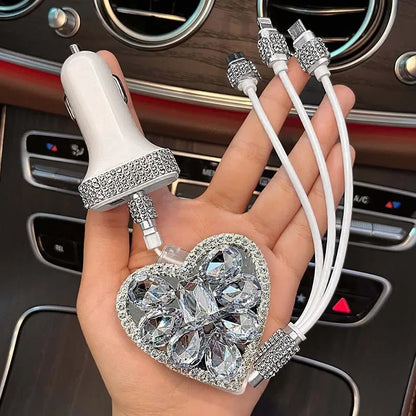 Bling Diamond Goddess Love Car Charger USB Multi Charging Cable Auto Fast Charging with 1 in 3 Type C/Micro/Port Sync Data Line