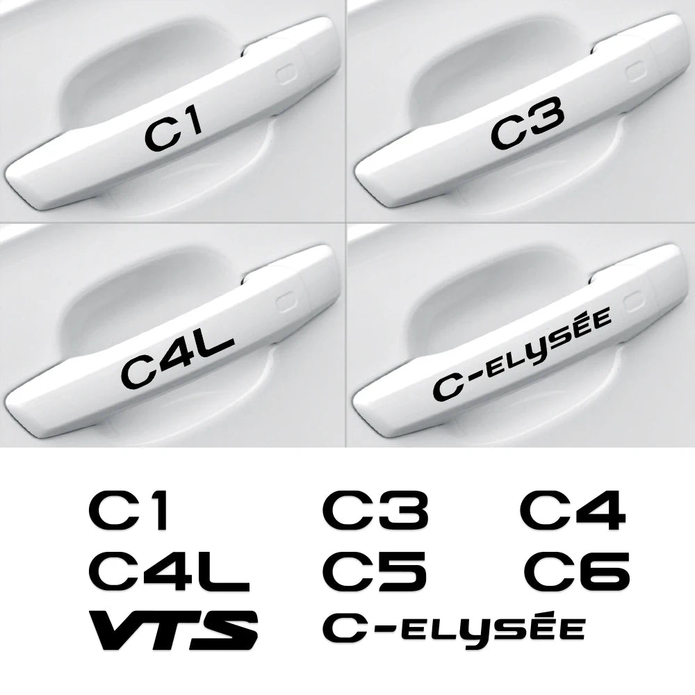 For CITROEN C1 C3 C4 C4L C6 C5 VTS C-ELYSEE 4PCS PVC door handle Emblem Car Body Side Door Wheel Rims Stickers auto Accessories