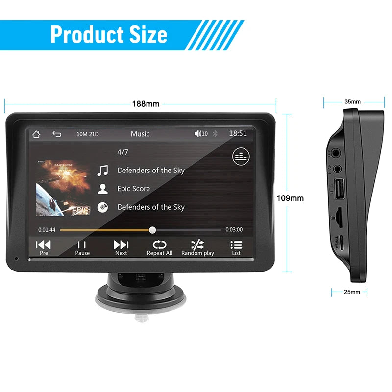 7inch Portable Touch Screen With AUX USB For Rear View Camera CarPlay Android Auto Car Radio Multimedia Video Player