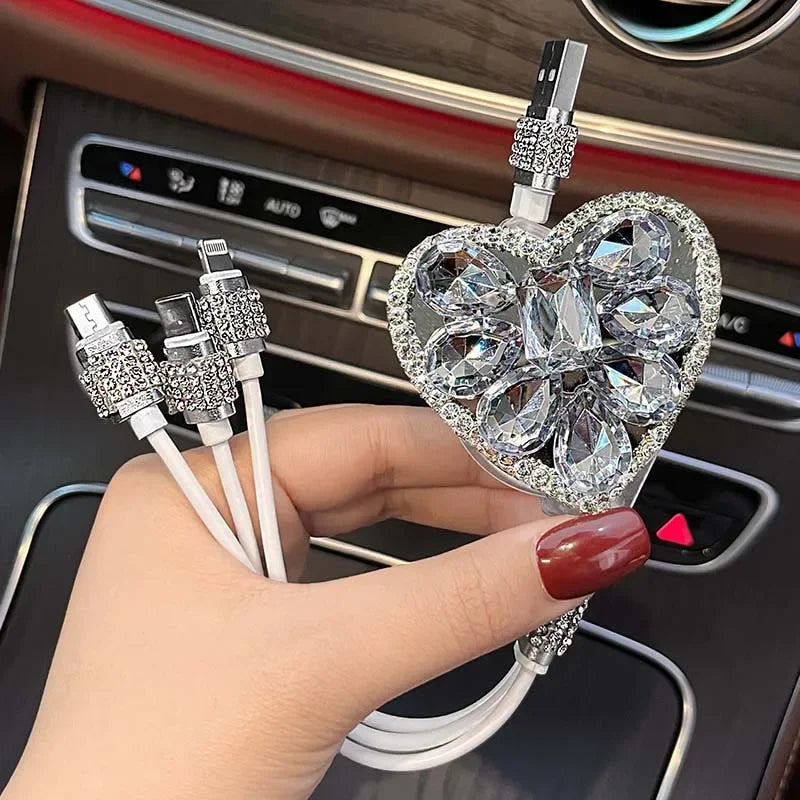 Bling Diamond Goddess Love Car Charger USB Multi Charging Cable Auto Fast Charging with 1 in 3 Type C/Micro/Port Sync Data Line